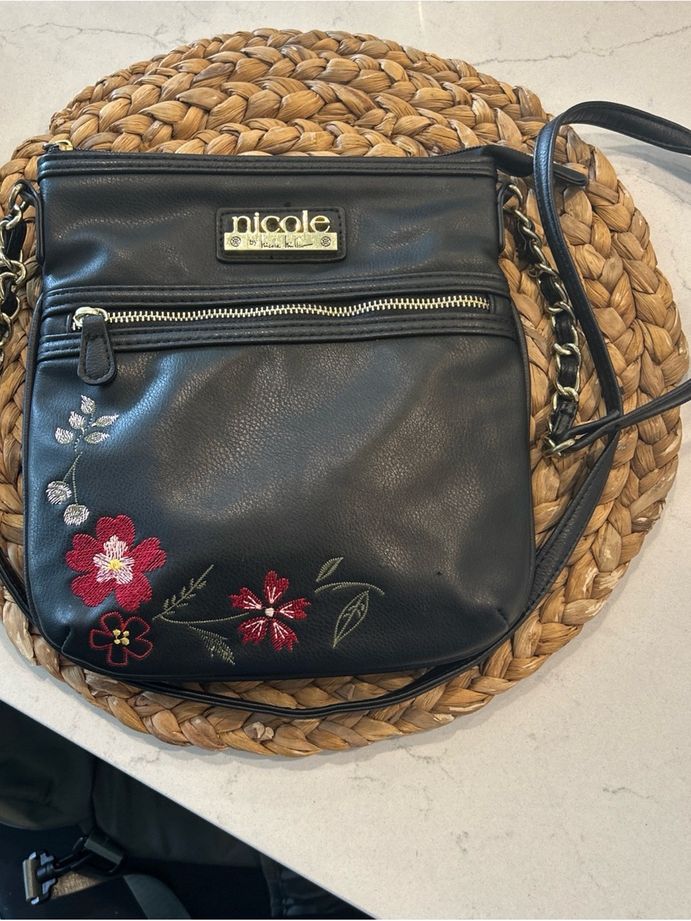 Nicole by Nicole Miller Black Crossbody Bag with Red Floral Embroidery